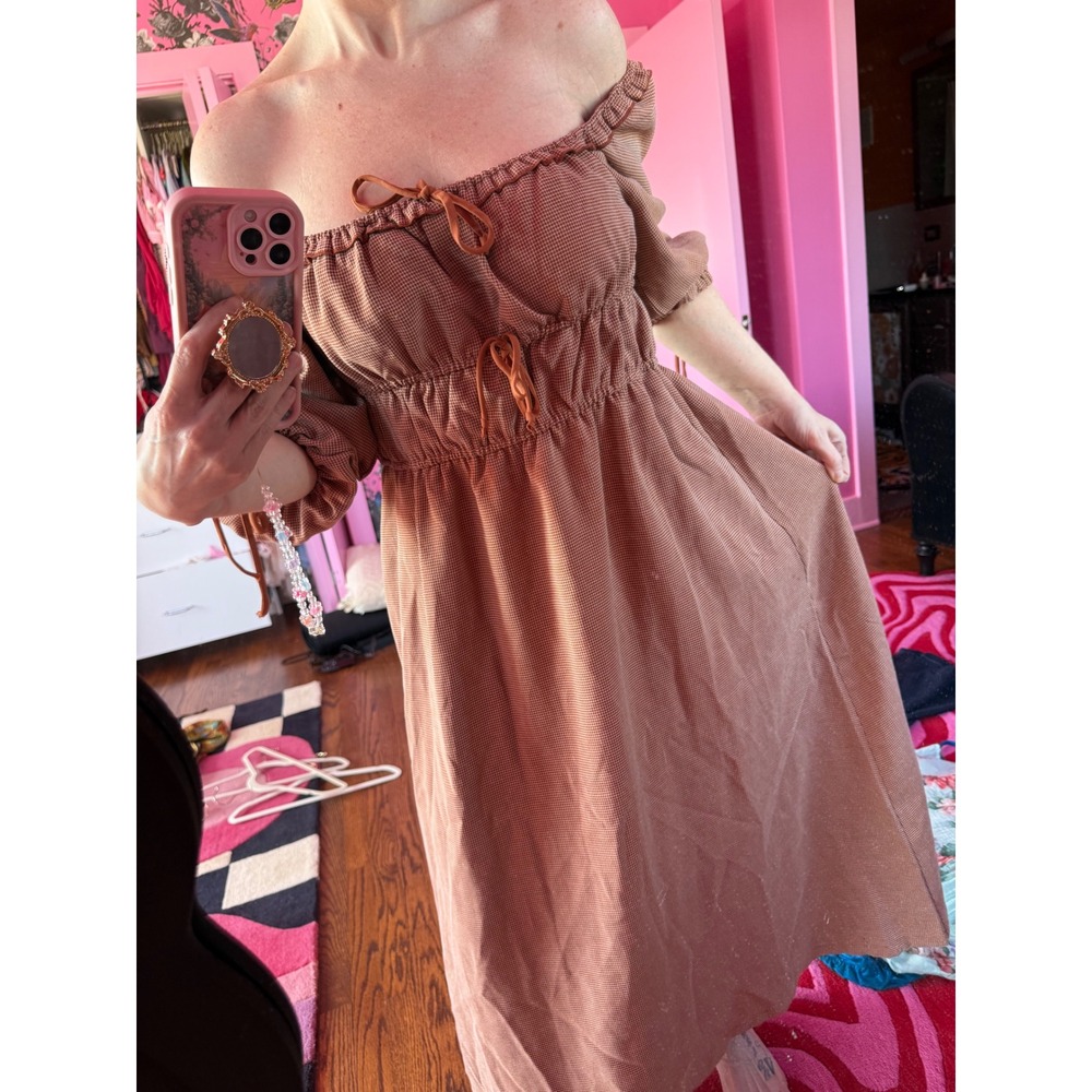 Petal + Pup Rust Gingham Plaid Off Shoulder Smocked Midi Dress Large